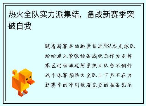热火全队实力派集结，备战新赛季突破自我