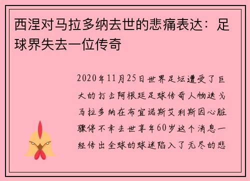 西涅对马拉多纳去世的悲痛表达：足球界失去一位传奇