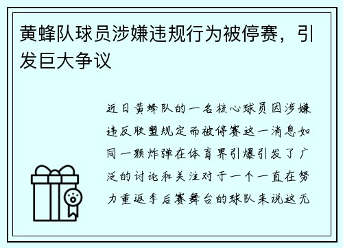 黄蜂队球员涉嫌违规行为被停赛，引发巨大争议